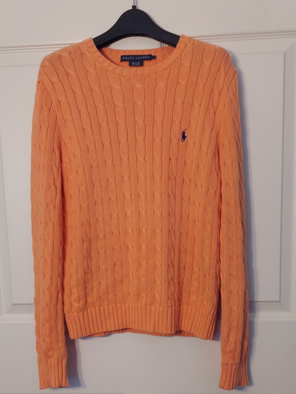 Ralph Lauren Orange Cable-Knit Crew Sweater with Navy Pony Sz. L